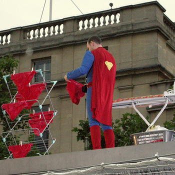 LaundryRepublic - Co-founder Dave standing on the 4th Plinth in Trafalgar Square, dressed as Superman doing his laundry. As you do.