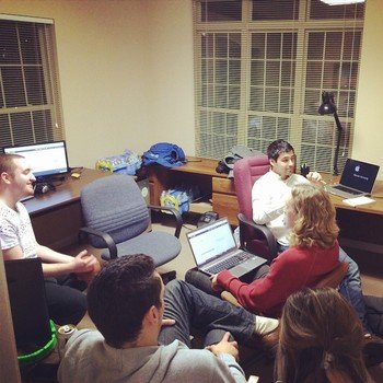 FantasyHub, Inc. - A crammed team brainstorming meeting at our old office in Louisville